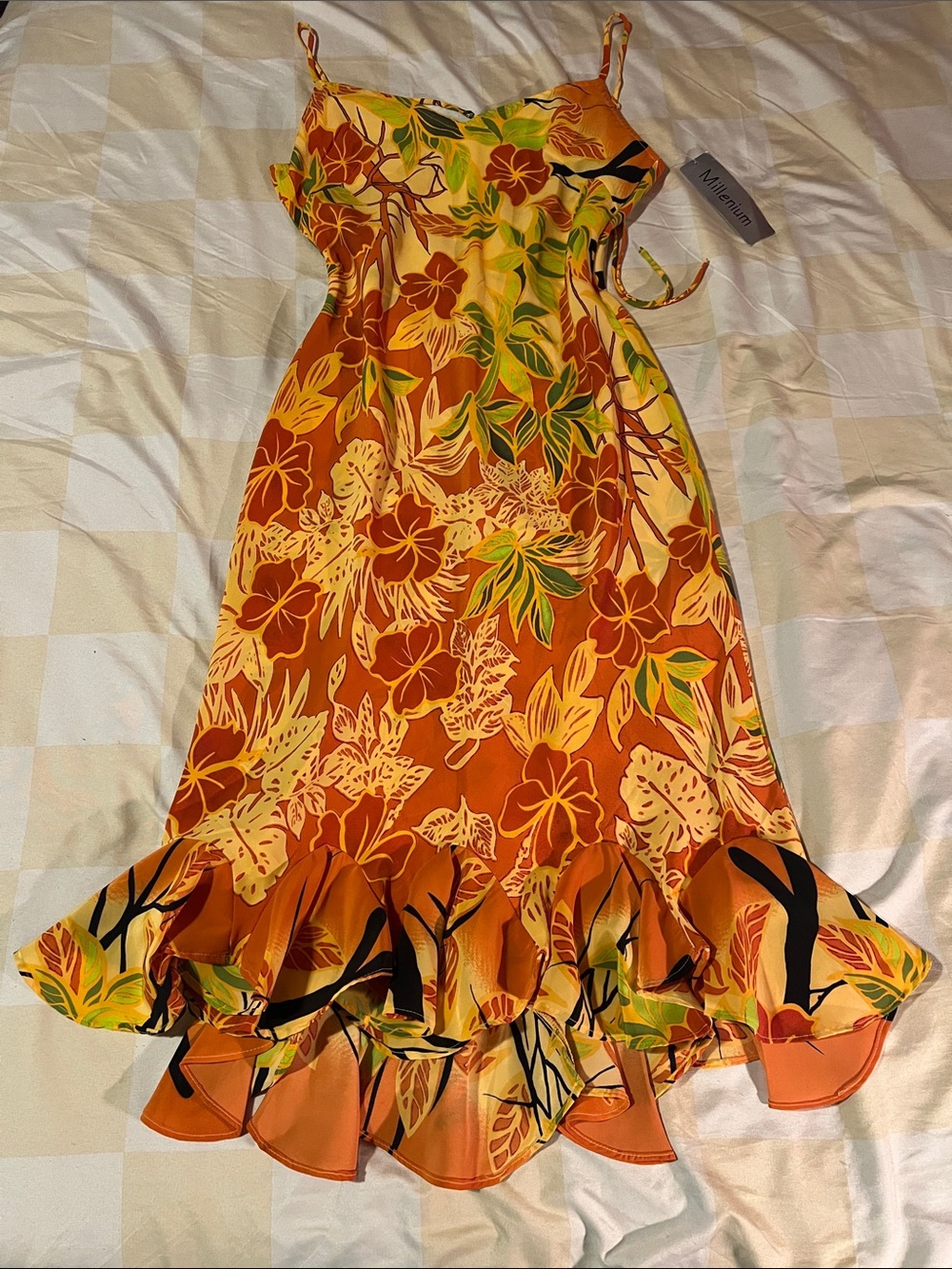 Melon Floral Ruffle Hem Womens' Dress - Orange & Yellow y2k
